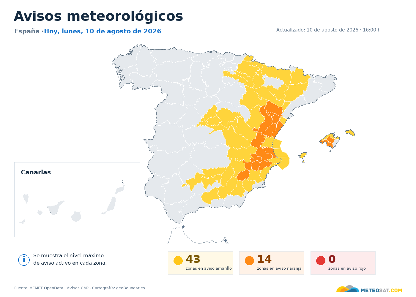 Mapa de avisos meteorol&oacute;gicos de AEMET en Espa&ntilde;a