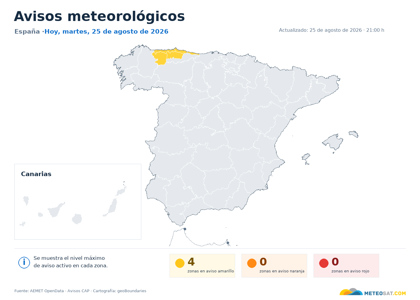 Mapa de avisos meteorológicos de AEMET en España
