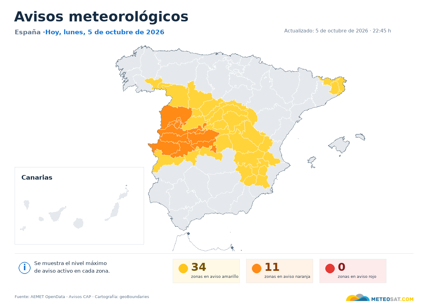 Mapa de avisos meteorológicos de AEMET en España