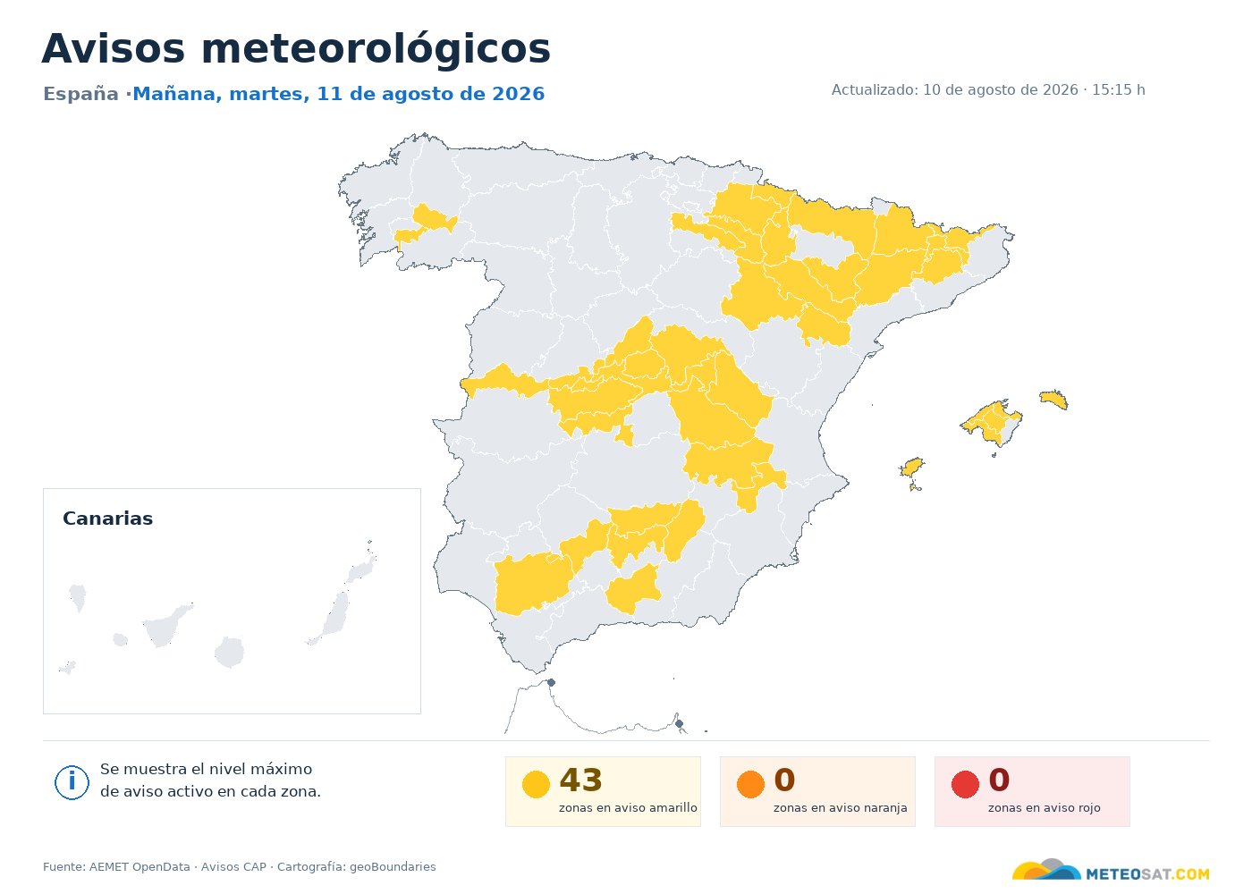 Mapa de avisos meteorológicos de AEMET en España