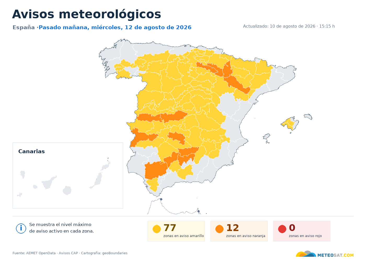 Mapa de avisos meteorol&oacute;gicos de AEMET en Espa&ntilde;a