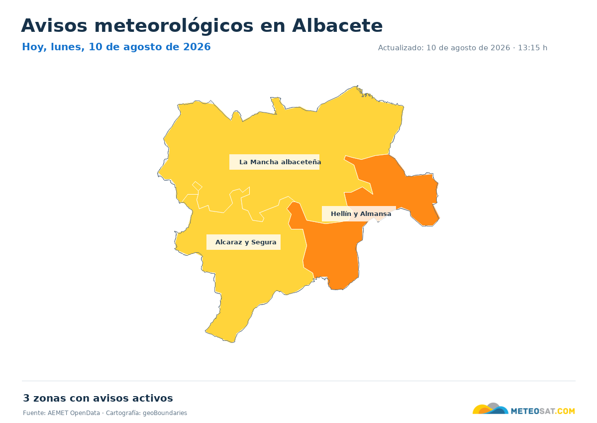 Mapa de avisos meteorol�gicos de AEMET en la provincia de Albacete para hoy
