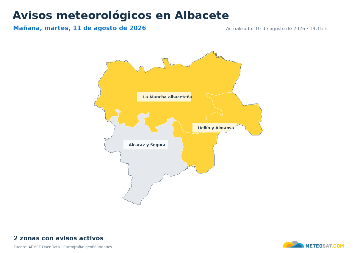 Mapa de avisos meteorol�gicos de AEMET en la provincia de Albacete para ma?ana