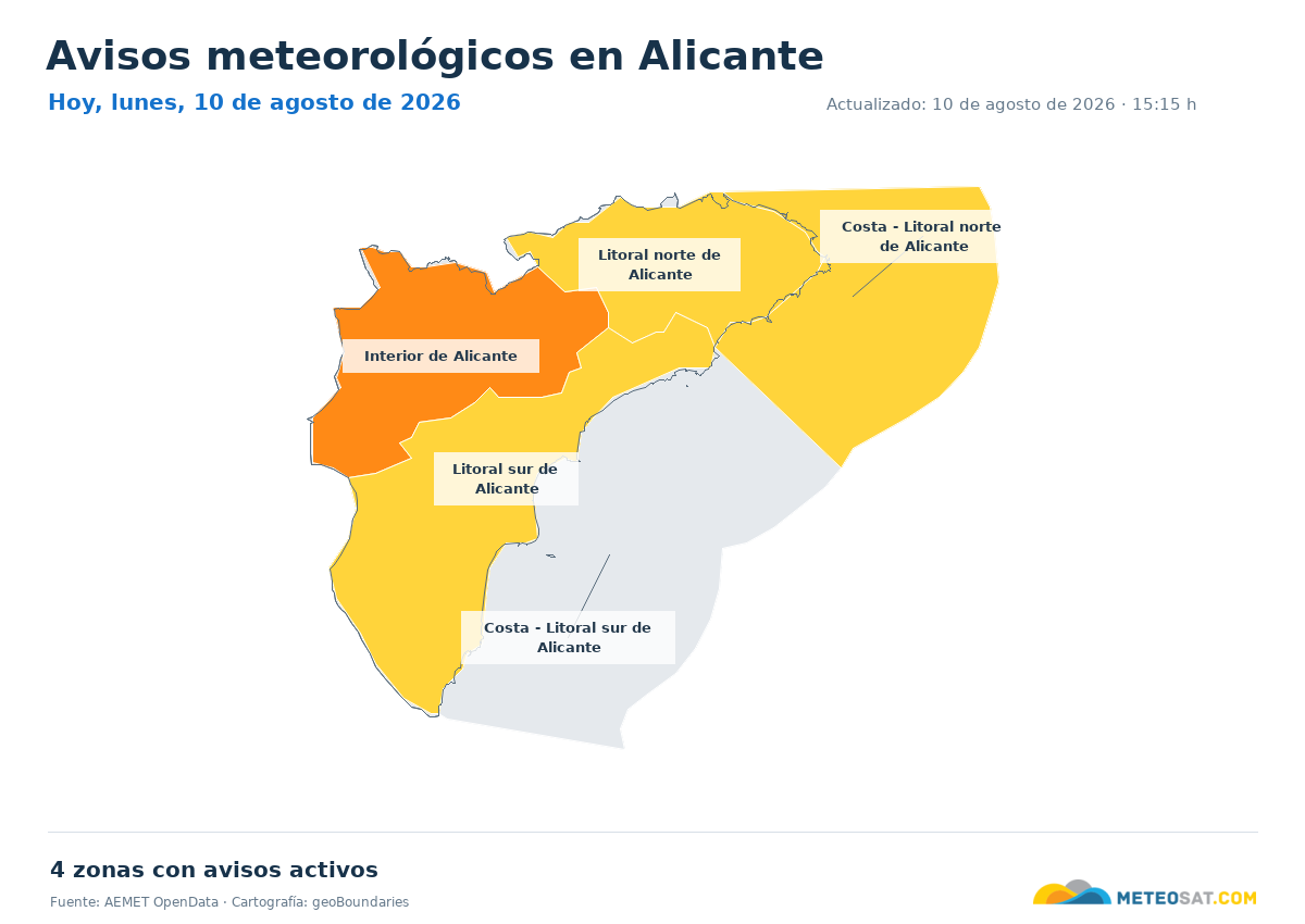 Mapa de avisos meteorol�gicos de AEMET en la provincia de Alicante para hoy