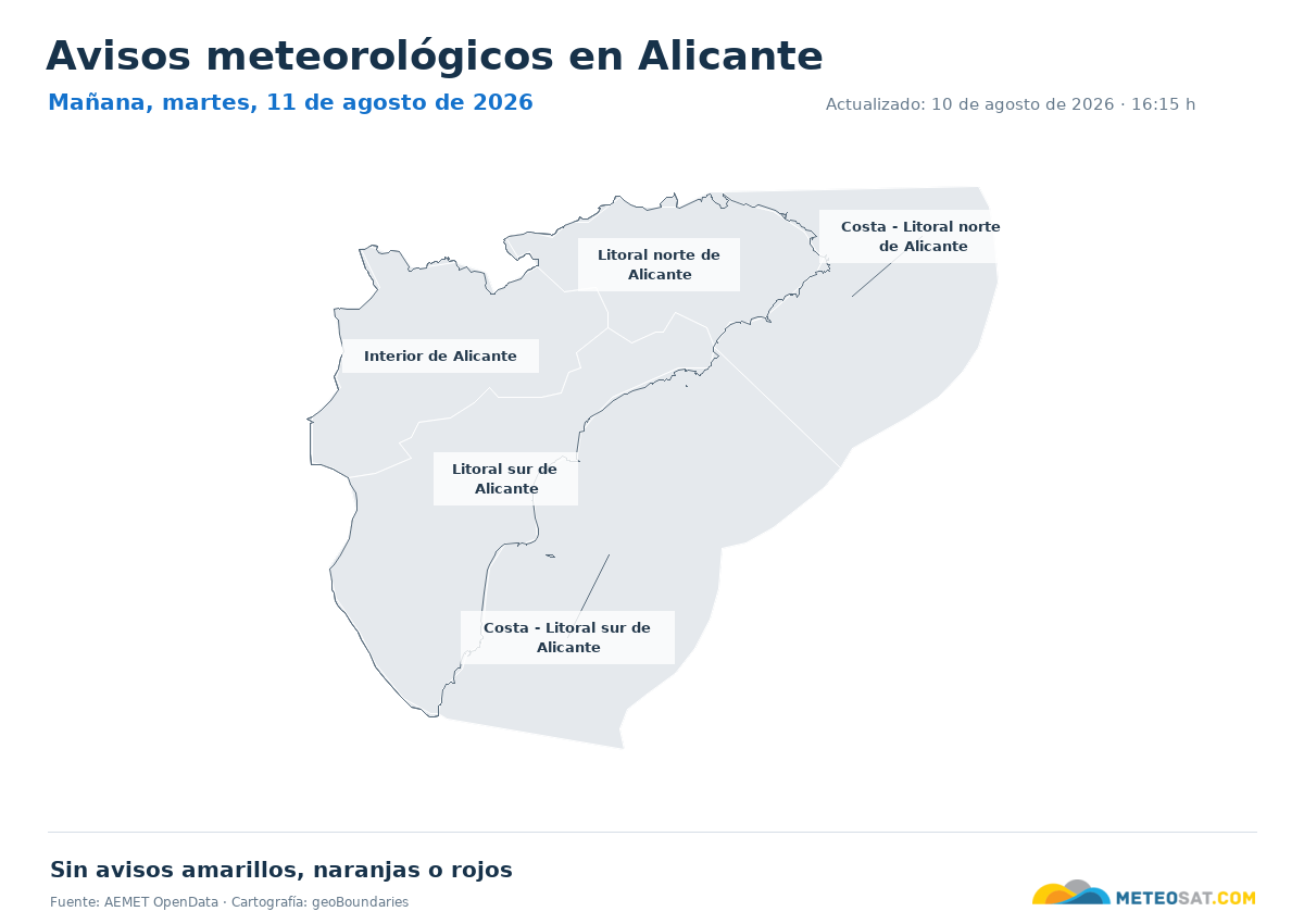 Mapa de avisos meteorol�gicos de AEMET en la provincia de Alicante para ma?ana