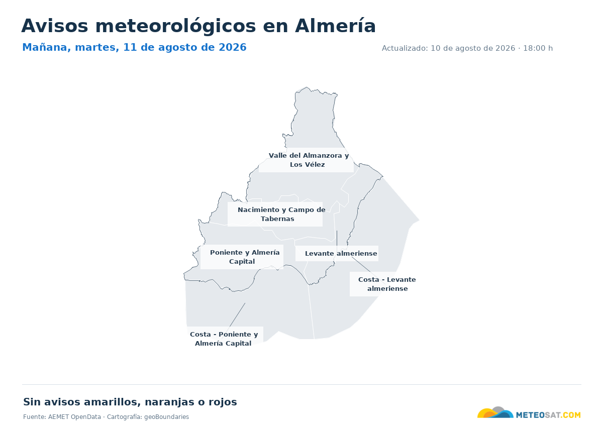 Mapa de avisos meteorol�gicos de AEMET en la provincia de Almer�a para ma?ana