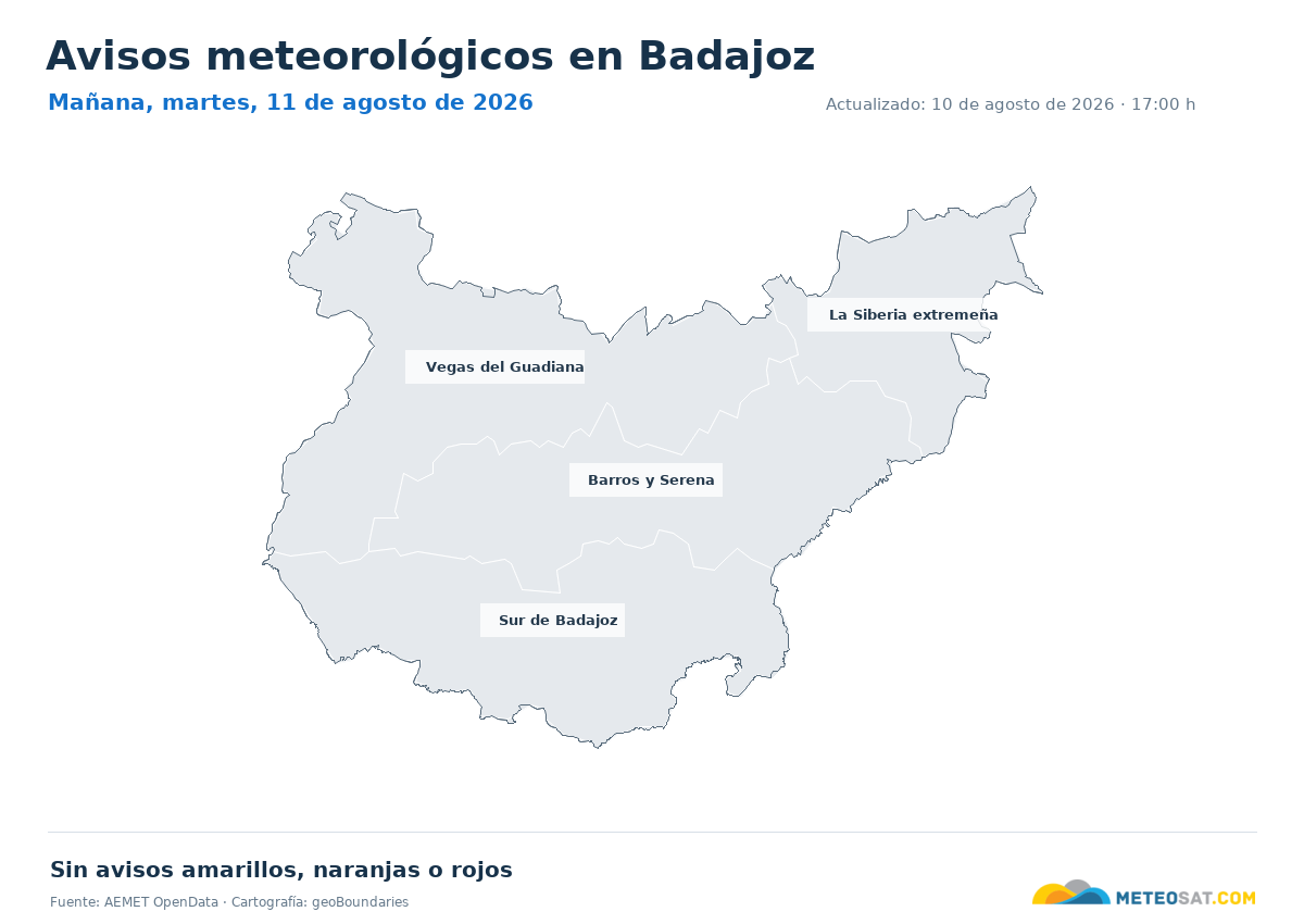 Mapa de avisos meteorol�gicos de AEMET en la provincia de Badajoz para ma?ana