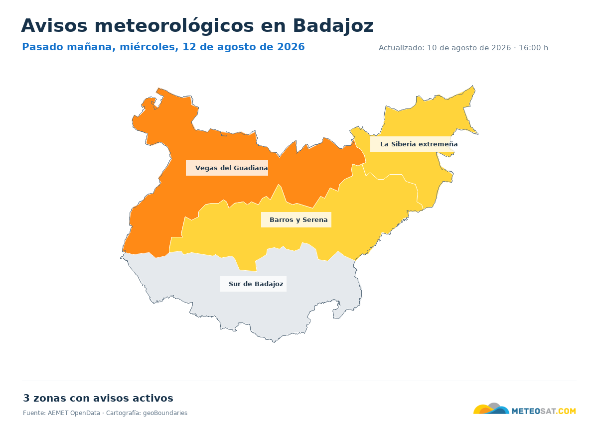 Mapa de avisos meteorol�gicos de AEMET en la provincia de Badajoz para pasado ma?ana