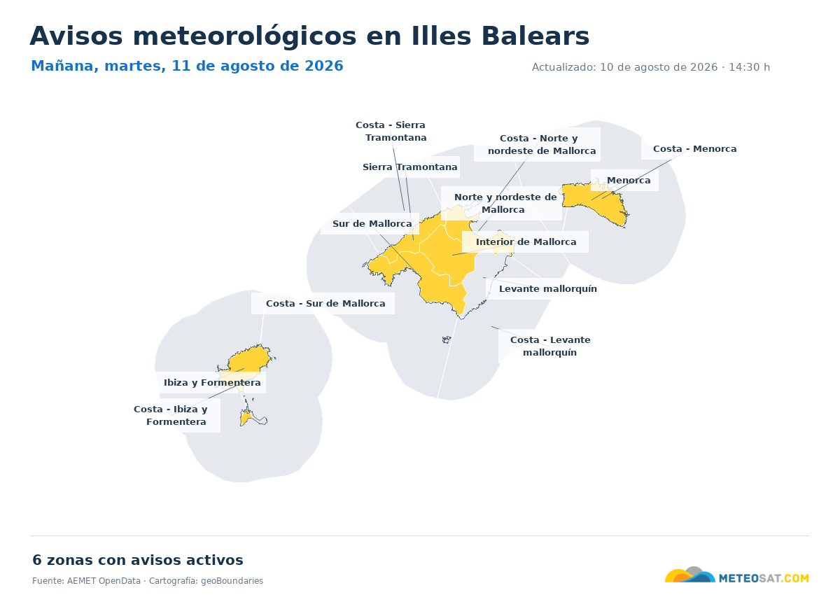 Mapa de avisos meteorol�gicos de AEMET en la provincia de Illes Balears para ma?ana