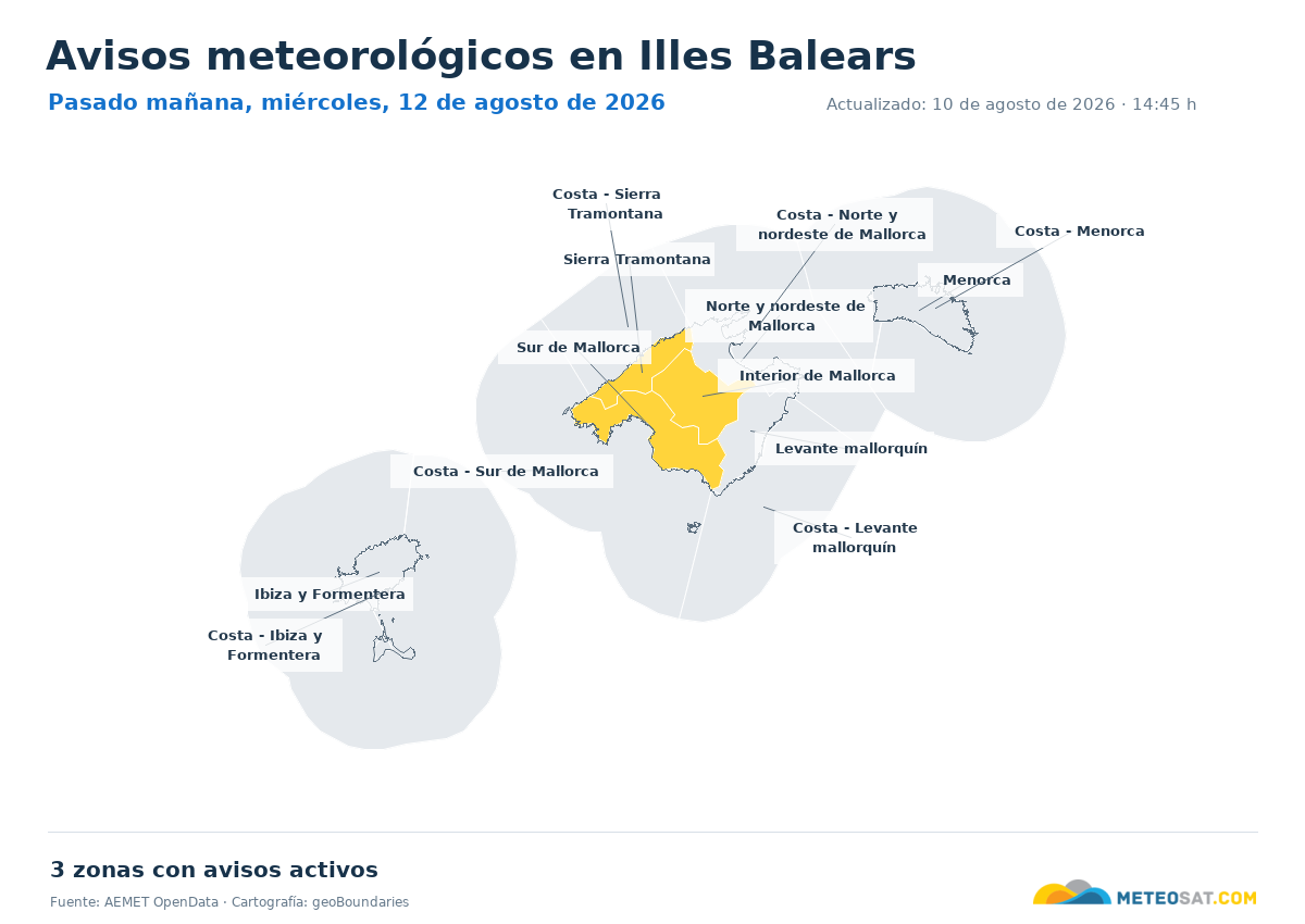 Mapa de avisos meteorol�gicos de AEMET en la provincia de Illes Balears para pasado ma?ana