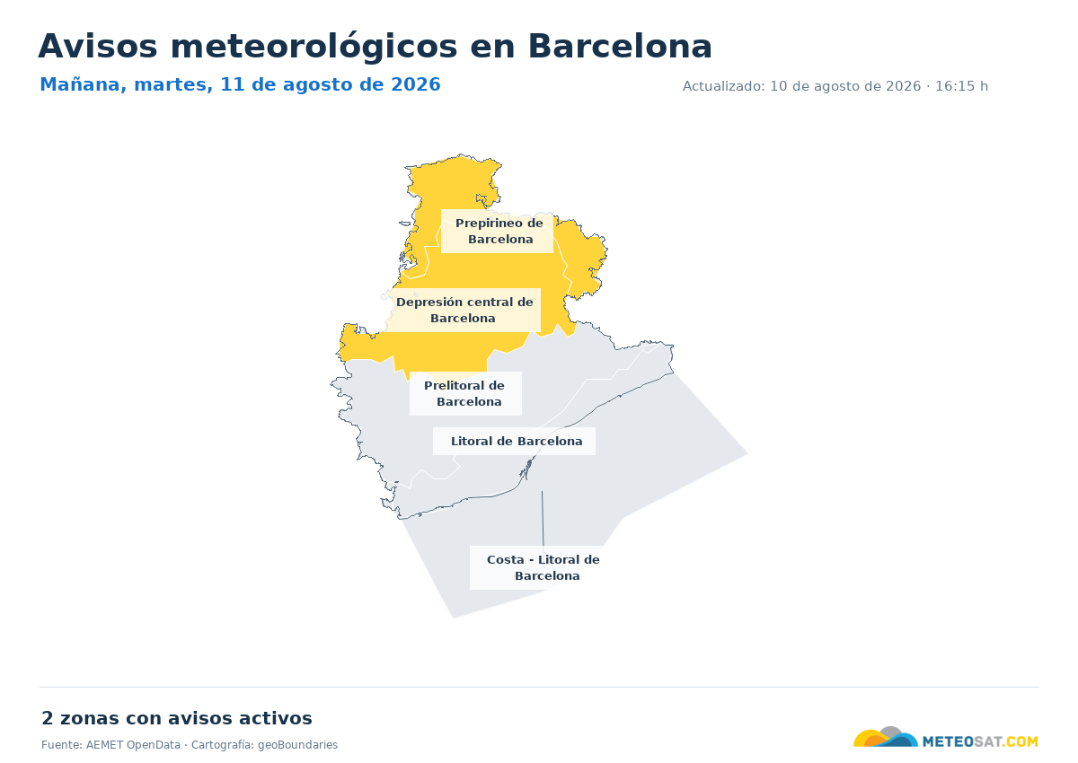 Mapa de avisos meteorol�gicos de AEMET en la provincia de Barcelona para ma?ana