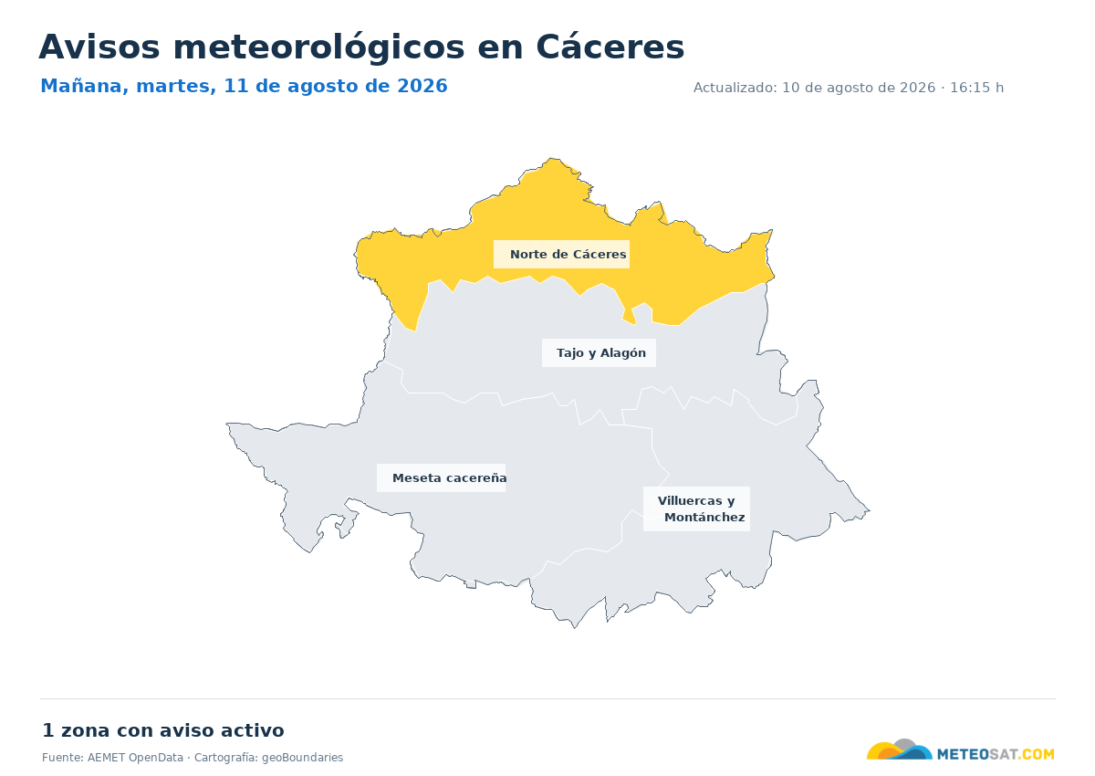 Mapa de avisos meteorol�gicos de AEMET en la provincia de C�ceres para ma?ana