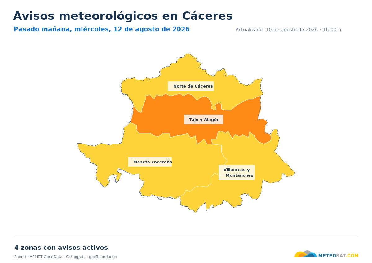 Mapa de avisos meteorol�gicos de AEMET en la provincia de C�ceres para pasado ma?ana
