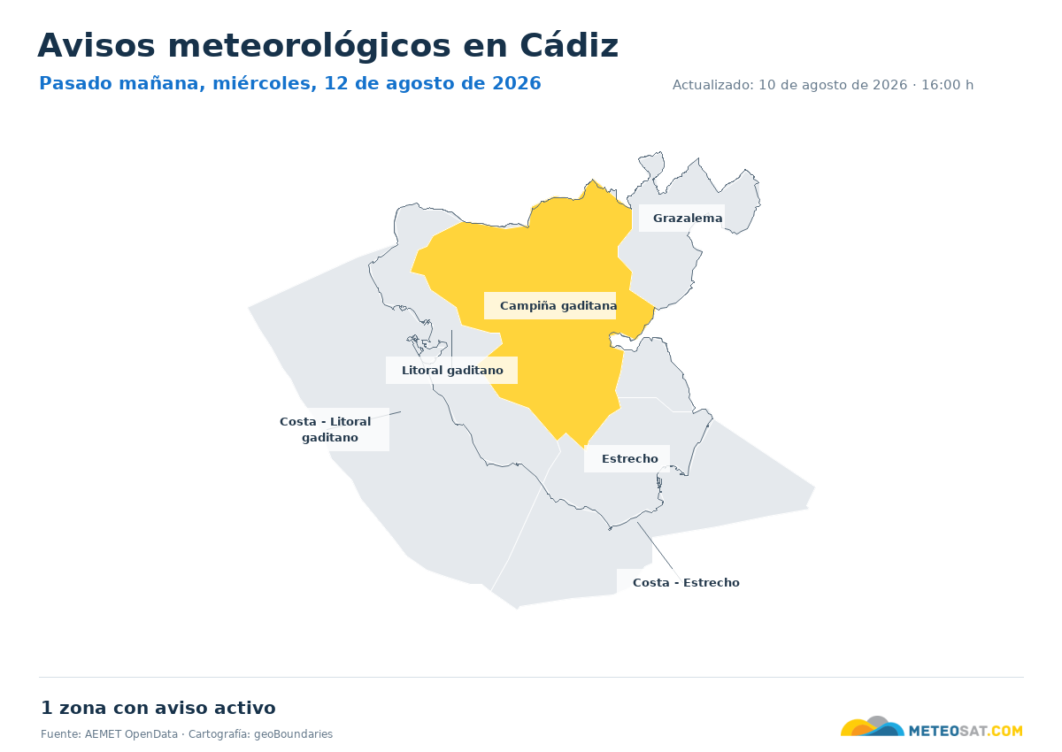 Mapa de avisos meteorol�gicos de AEMET en la provincia de C�diz para pasado ma?ana