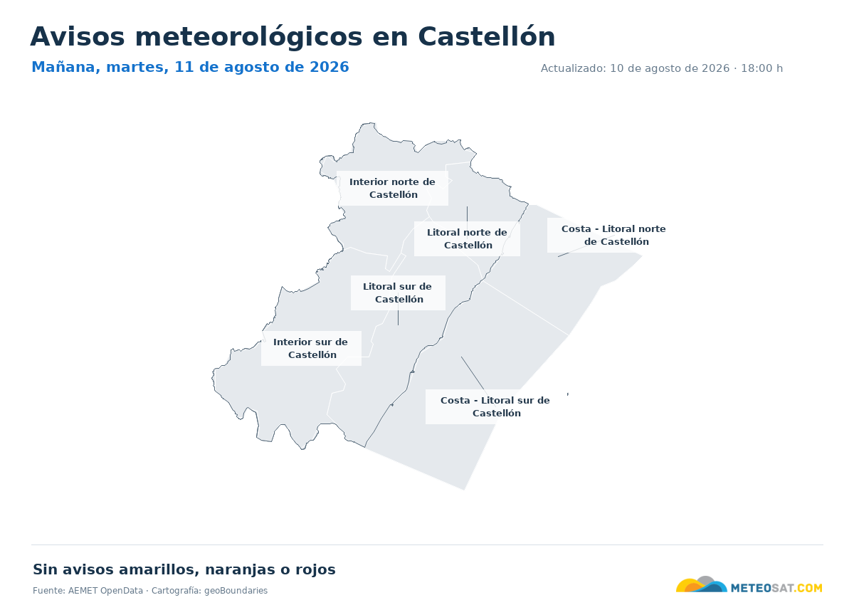 Mapa de avisos meteorol�gicos de AEMET en la provincia de Castell�n para ma?ana