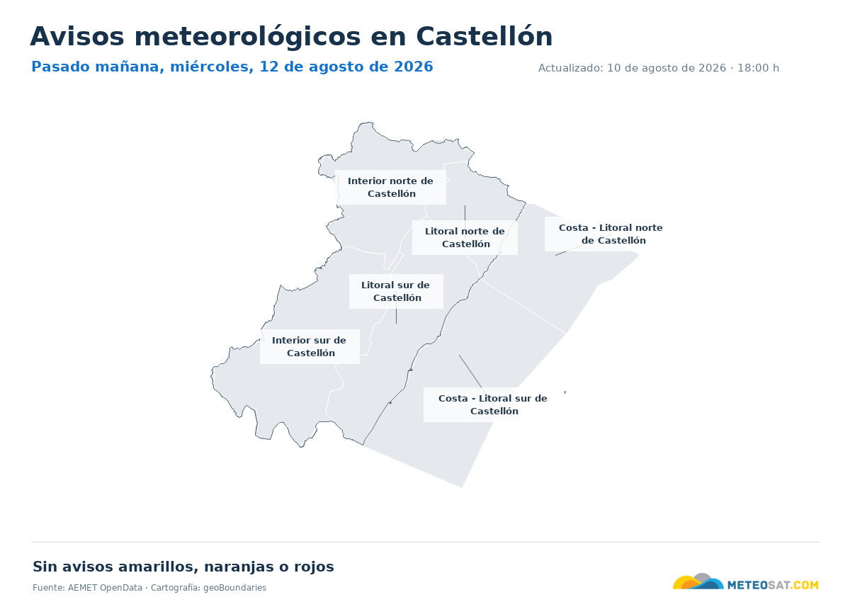 Mapa de avisos meteorol�gicos de AEMET en la provincia de Castell�n para pasado ma?ana