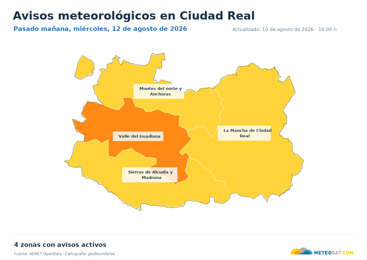 Mapa de avisos meteorol�gicos de AEMET en la provincia de Ciudad Real para pasado ma?ana