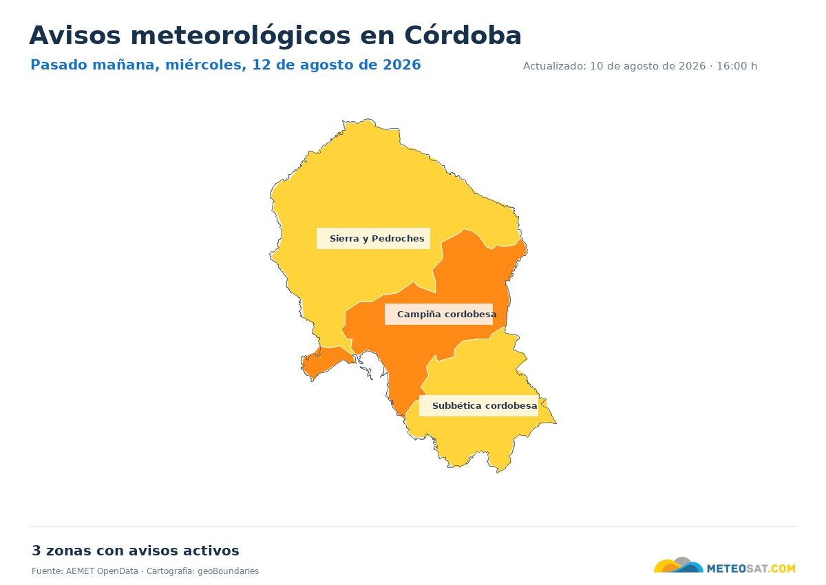 Mapa de avisos meteorol�gicos de AEMET en la provincia de C�rdoba para pasado ma?ana