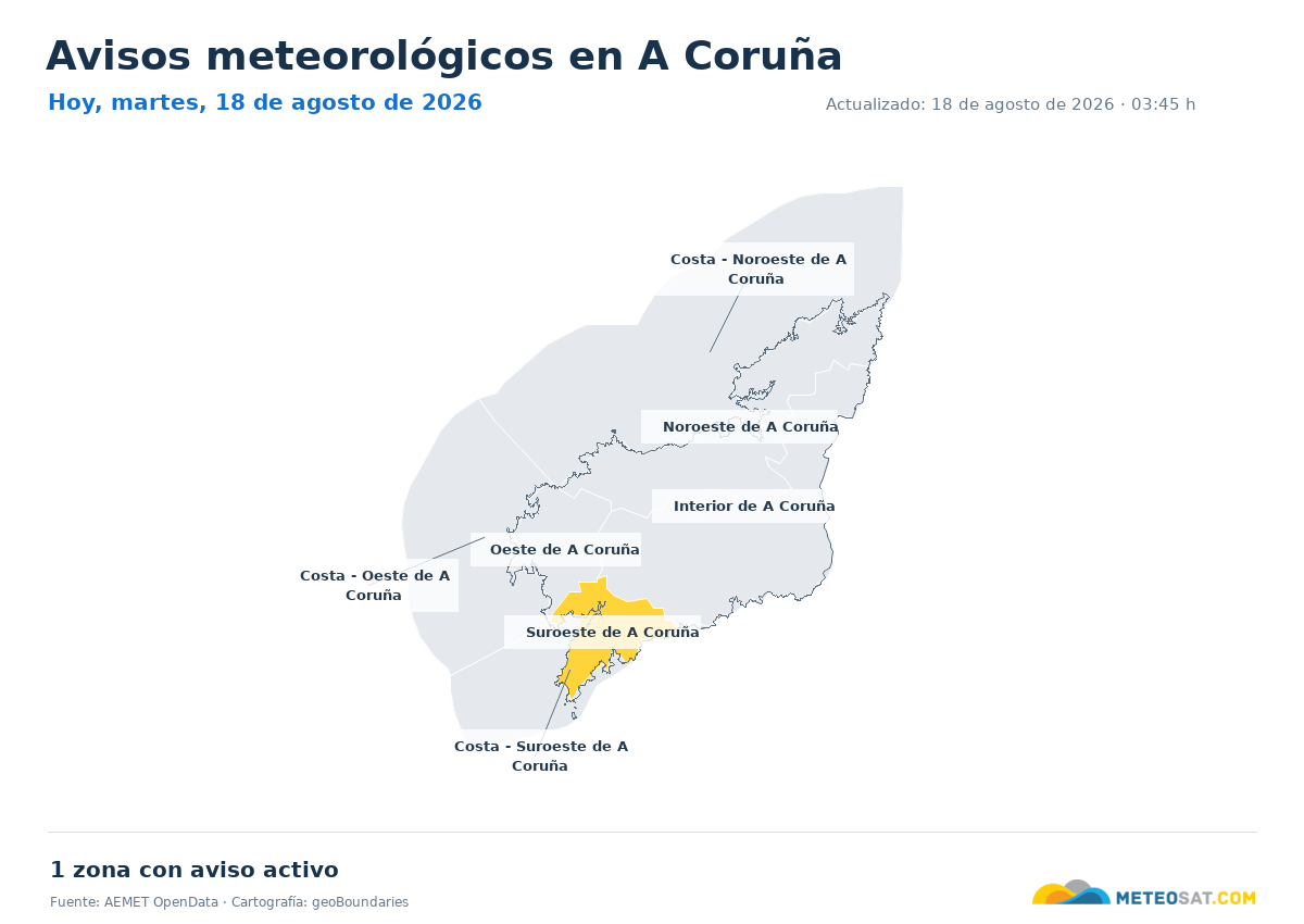 Mapa de avisos meteorol�gicos de AEMET en la provincia de A Coru�a para hoy
