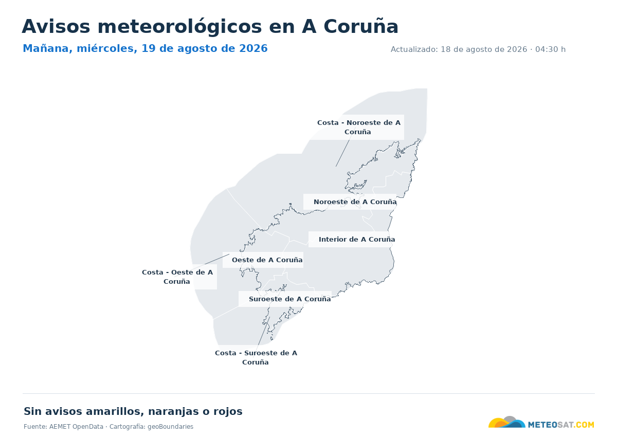 Mapa de avisos meteorol�gicos de AEMET en la provincia de A Coru�a para ma?ana