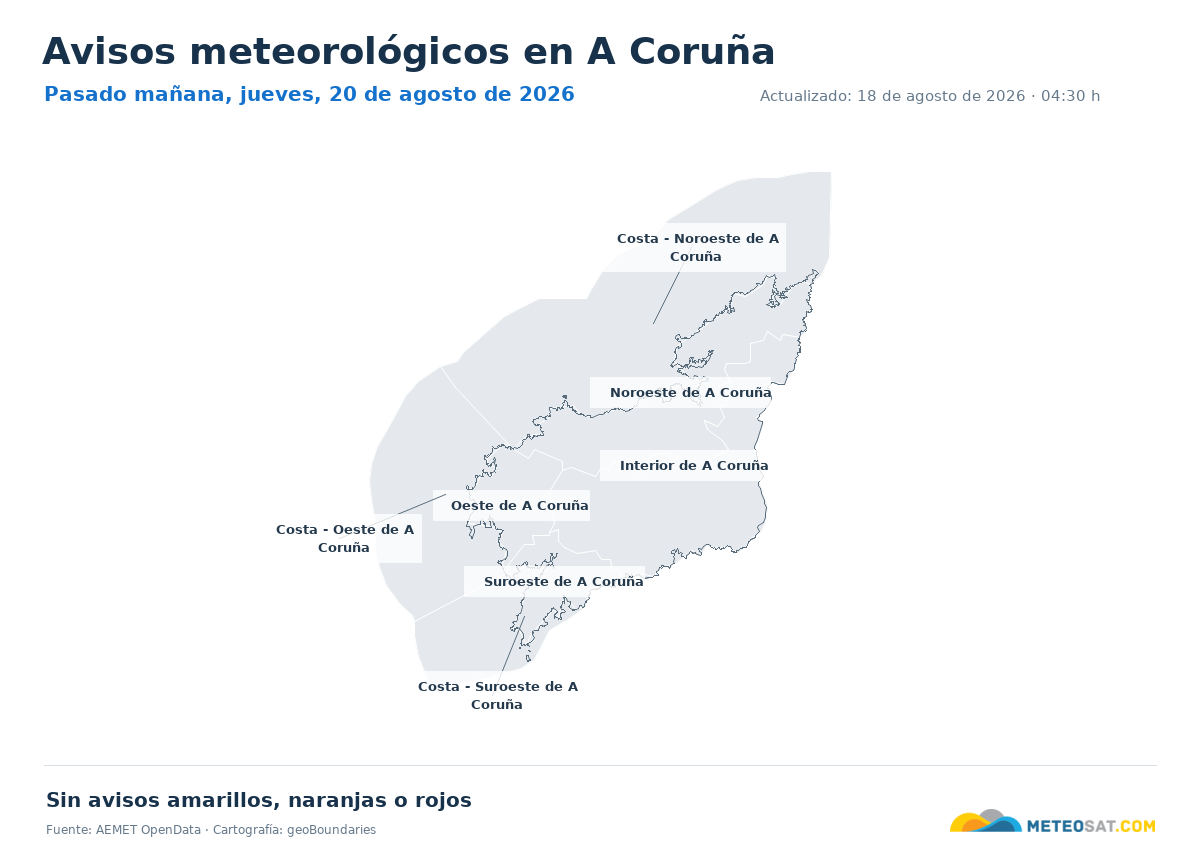 Mapa de avisos meteorol�gicos de AEMET en la provincia de A Coru�a para pasado ma?ana