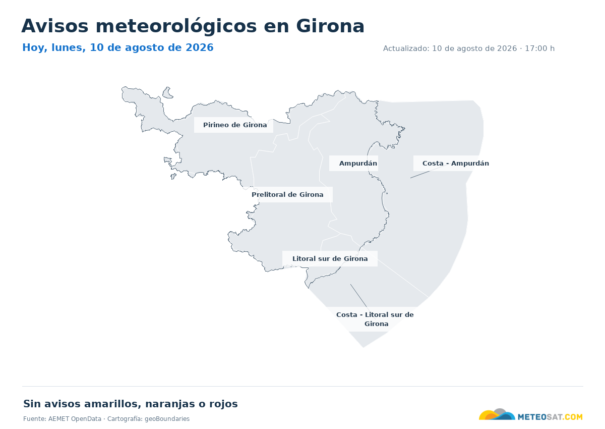Mapa de avisos meteorol�gicos de AEMET en la provincia de Girona para hoy