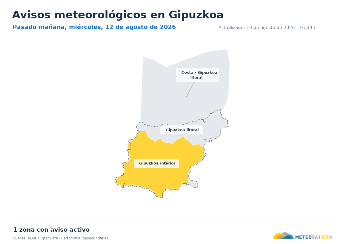 Mapa de avisos meteorol�gicos de AEMET en la provincia de Gipuzkoa para pasado ma?ana