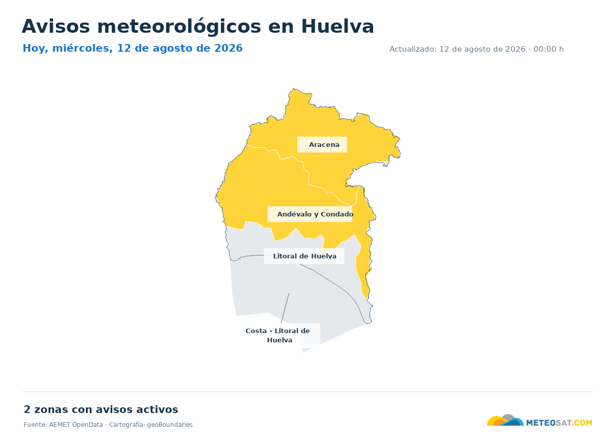 Mapa de avisos meteorol�gicos de AEMET en la provincia de Huelva para hoy