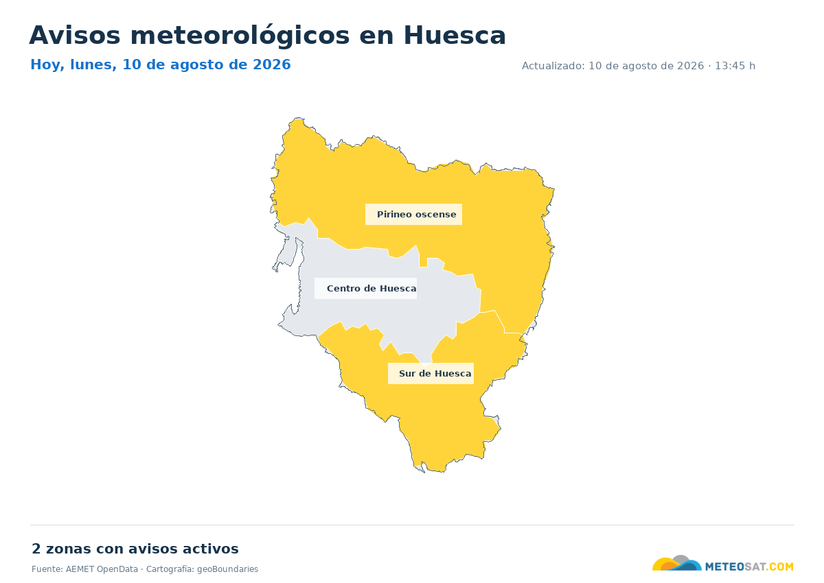 Mapa de avisos meteorol�gicos de AEMET en la provincia de Huesca para hoy