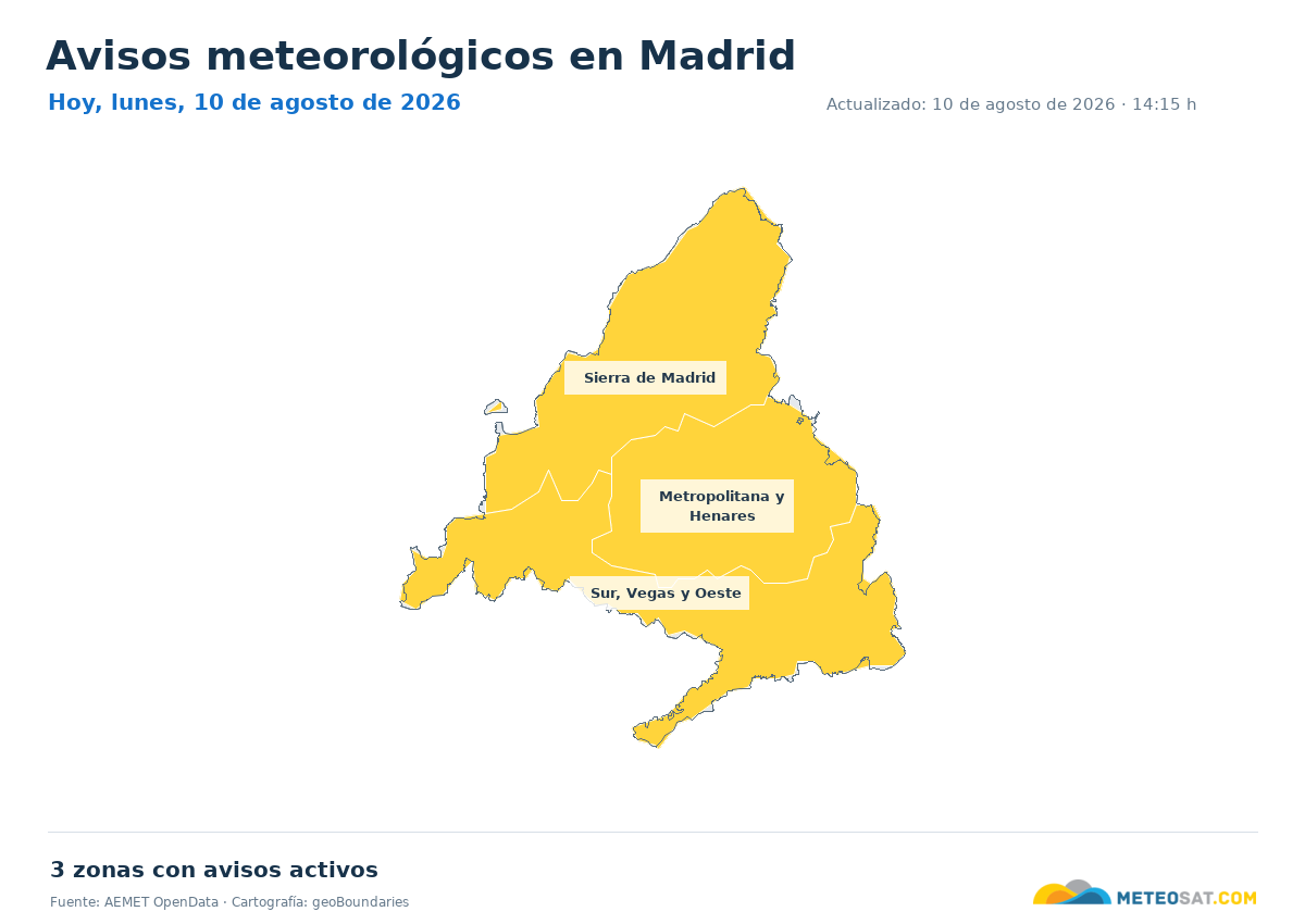 Mapa de avisos meteorol�gicos de AEMET en la provincia de Madrid para hoy