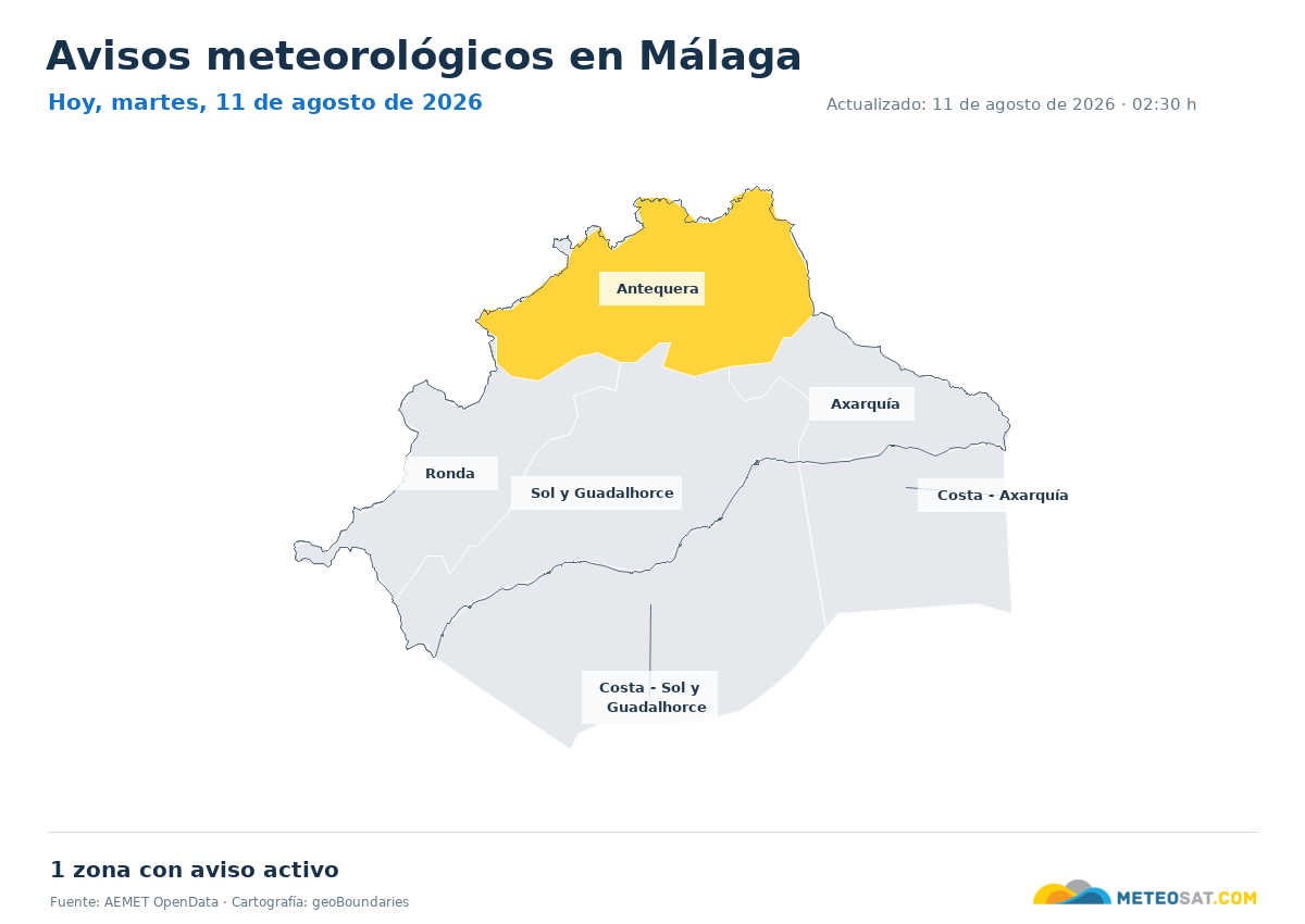 Mapa de avisos meteorol�gicos de AEMET en la provincia de M�laga para hoy