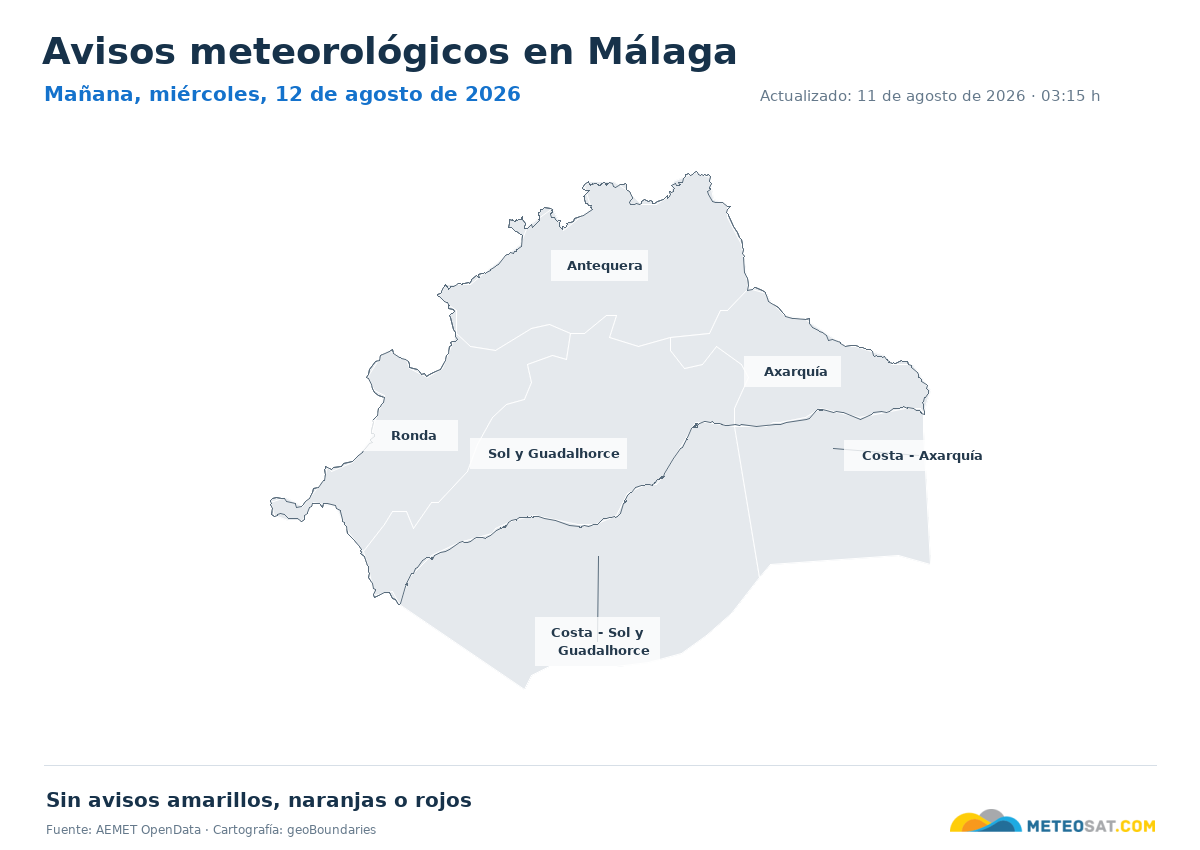 Mapa de avisos meteorol�gicos de AEMET en la provincia de M�laga para ma?ana