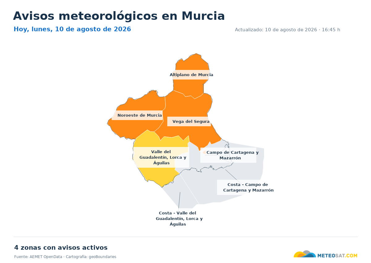 Mapa de avisos meteorol�gicos de AEMET en la provincia de Murcia para hoy