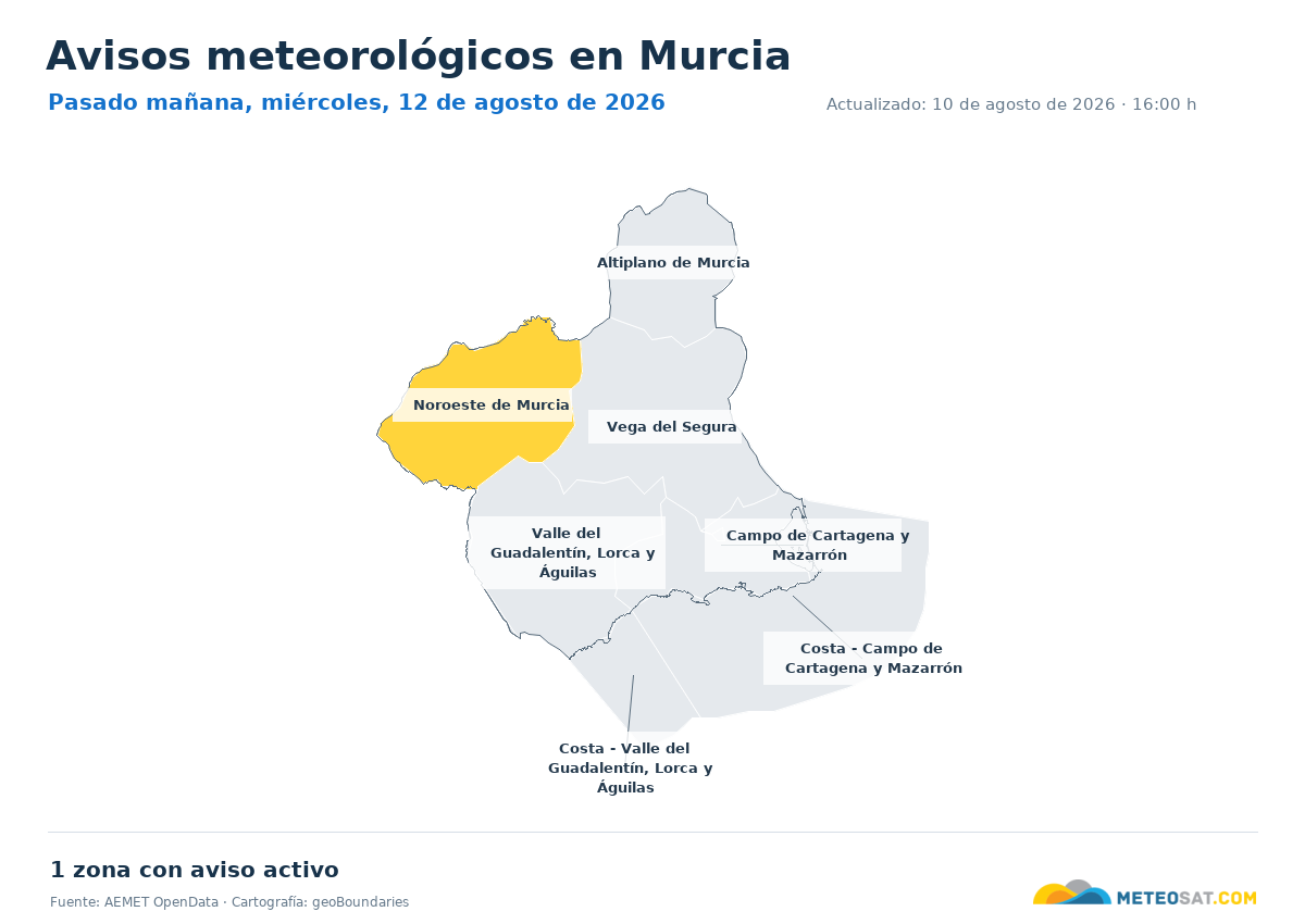 Mapa de avisos meteorol�gicos de AEMET en la provincia de Murcia para pasado ma?ana