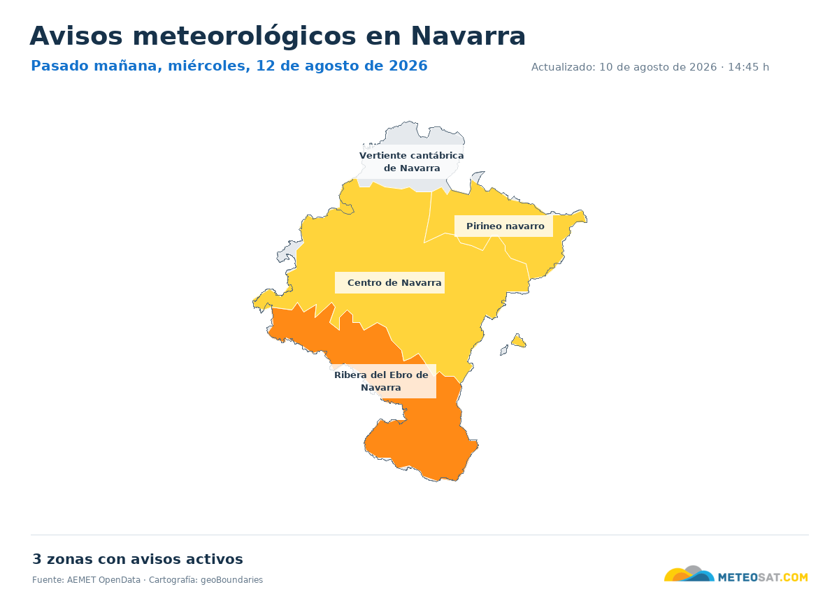 Mapa de avisos meteorol�gicos de AEMET en la provincia de Navarra para pasado ma?ana