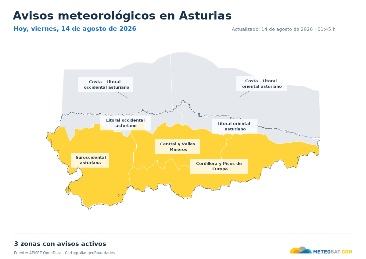 Mapa de avisos meteorol�gicos de AEMET en la provincia de Asturias para hoy