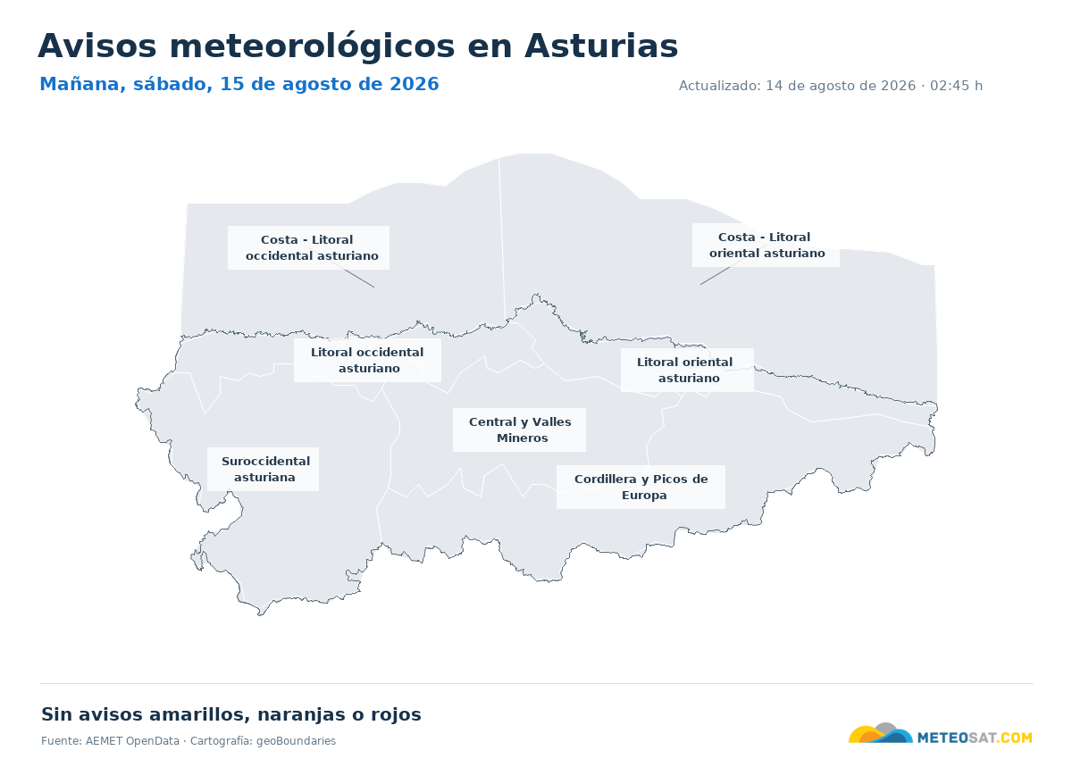 Mapa de avisos meteorol�gicos de AEMET en la provincia de Asturias para ma?ana