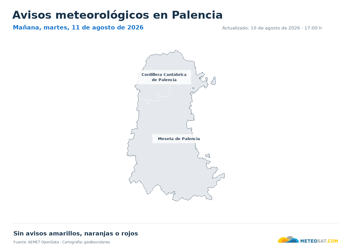Mapa de avisos meteorol�gicos de AEMET en la provincia de Palencia para ma?ana
