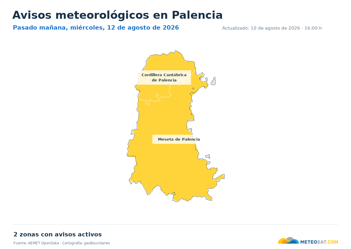 Mapa de avisos meteorol�gicos de AEMET en la provincia de Palencia para pasado ma?ana