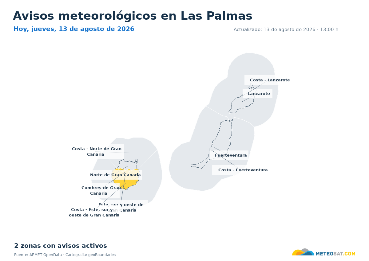 Mapa de avisos meteorol�gicos de AEMET en la provincia de Las Palmas para hoy