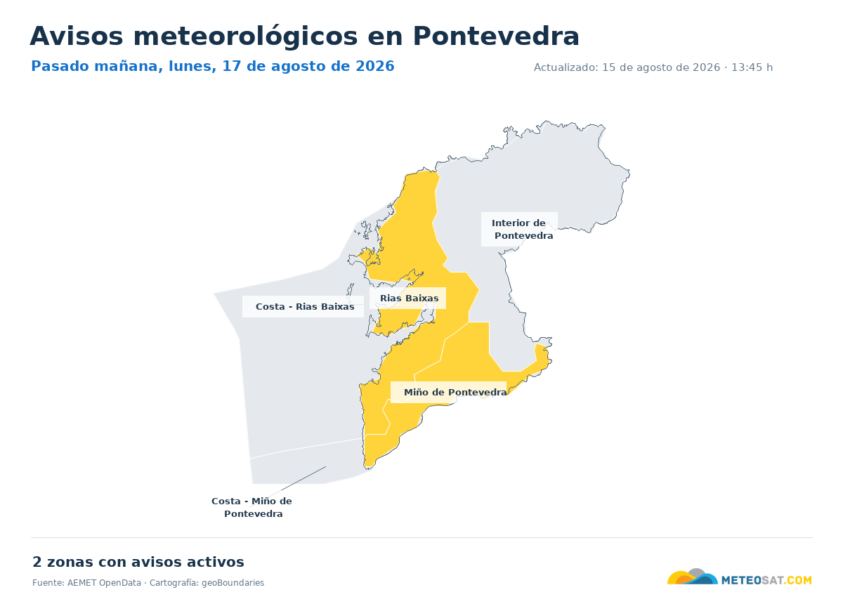 Mapa de avisos meteorol�gicos de AEMET en la provincia de Pontevedra para pasado ma?ana