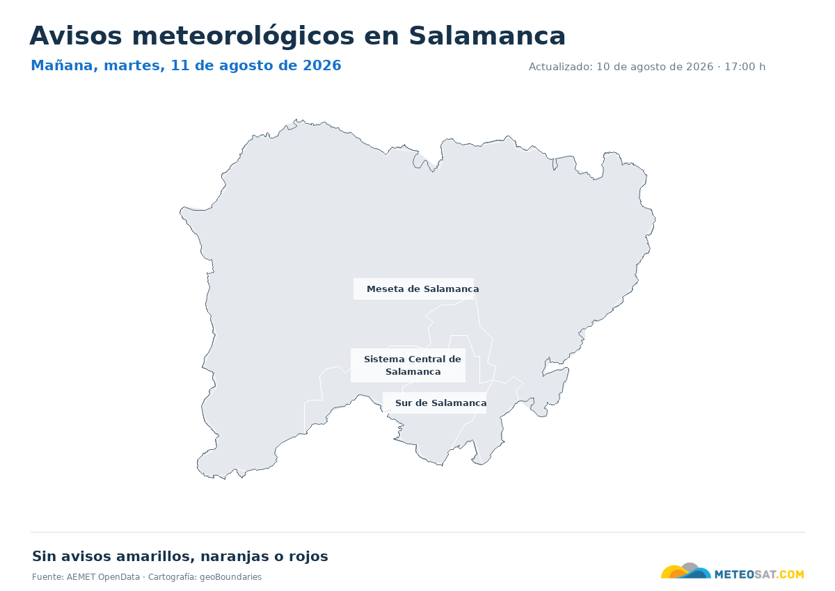 Mapa de avisos meteorol�gicos de AEMET en la provincia de Salamanca para ma?ana