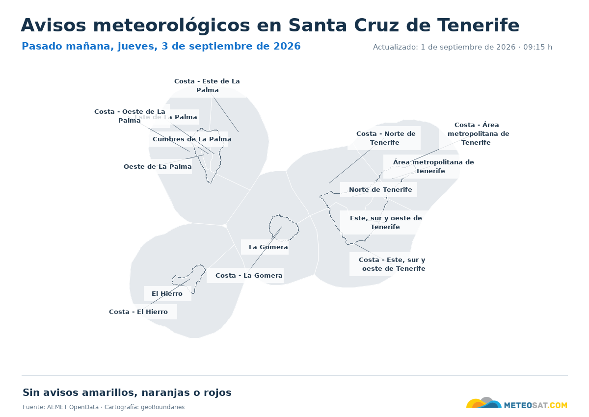 Mapa de avisos meteorol�gicos de AEMET en la provincia de Santa Cruz de Tenerife para pasado ma?ana