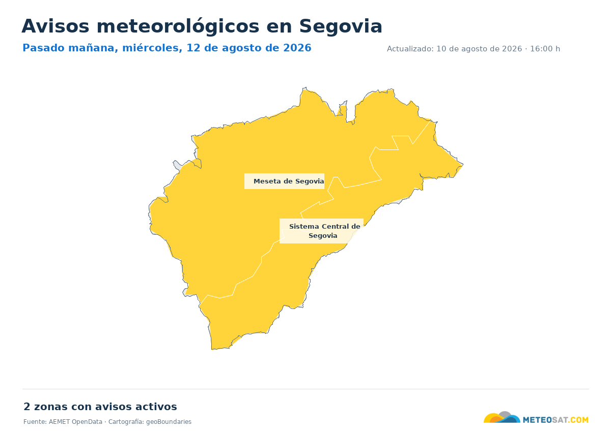 Mapa de avisos meteorol�gicos de AEMET en la provincia de Segovia para pasado ma?ana
