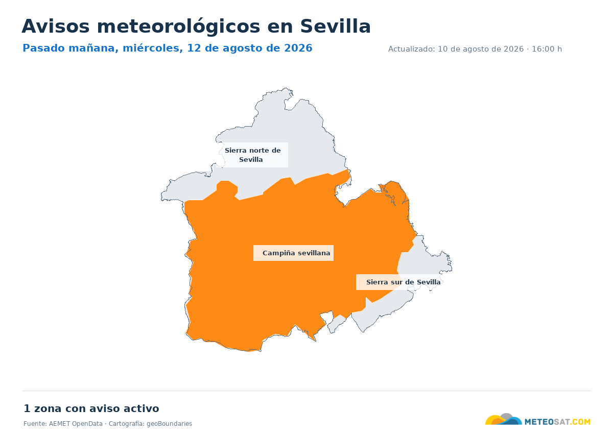Mapa de avisos meteorol�gicos de AEMET en la provincia de Sevilla para pasado ma?ana