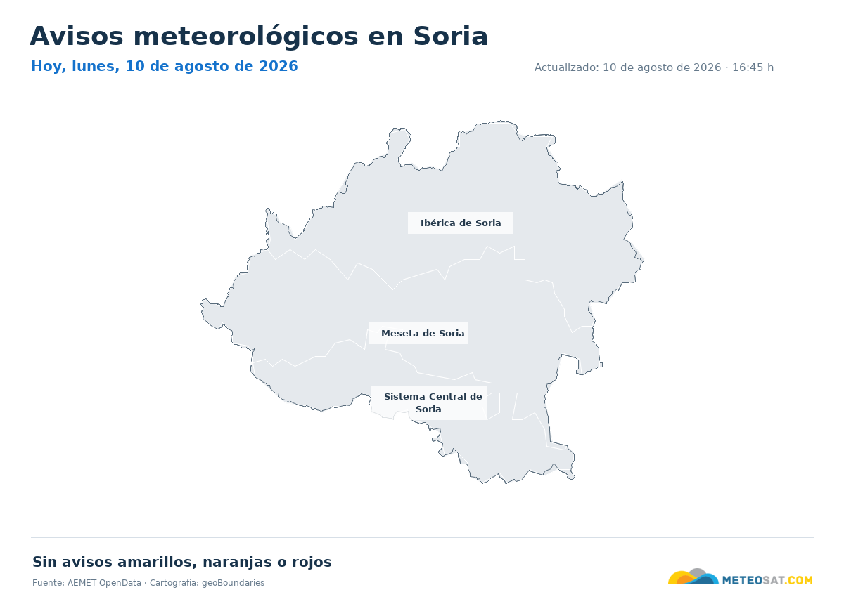 Mapa de avisos meteorol�gicos de AEMET en la provincia de Soria para hoy