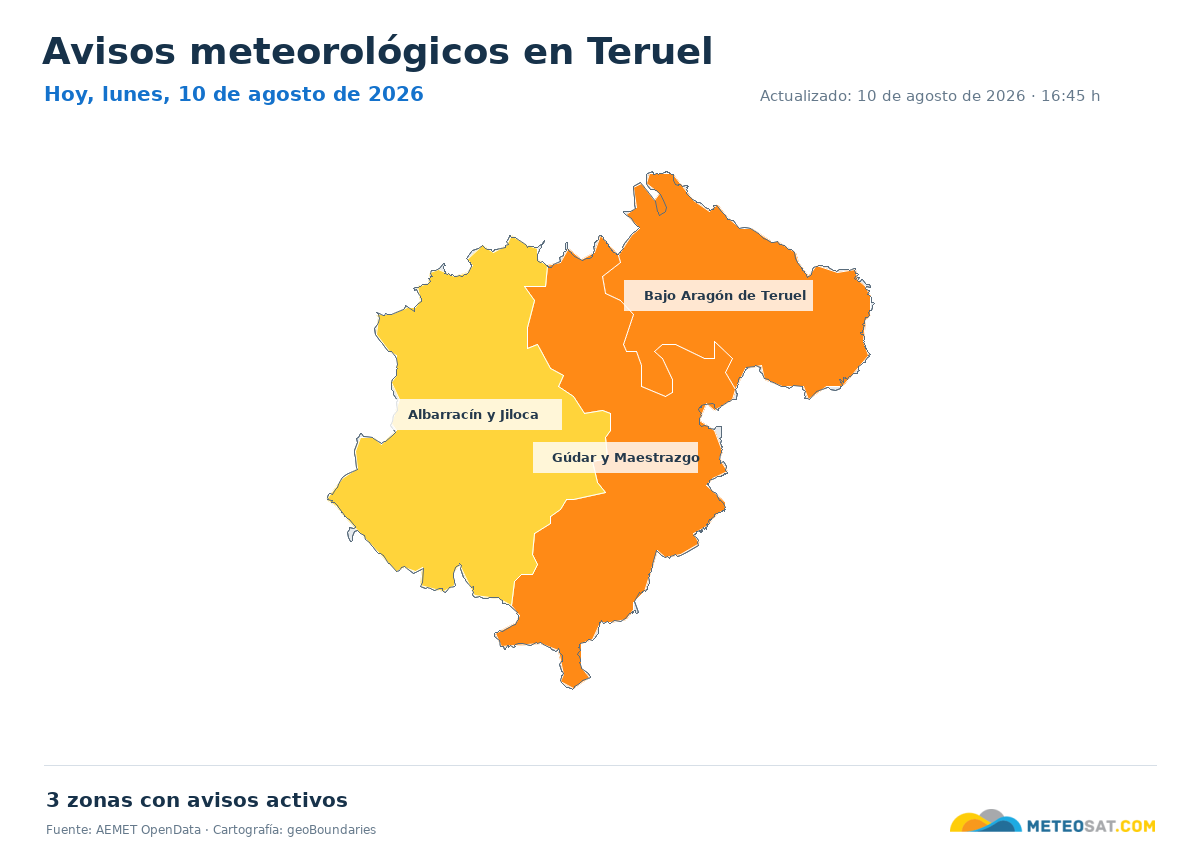 Mapa de avisos meteorol�gicos de AEMET en la provincia de Teruel para hoy