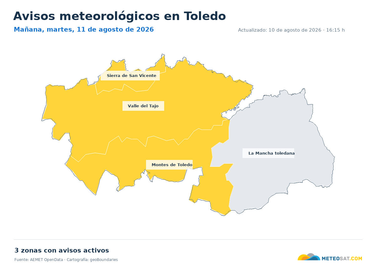 Mapa de avisos meteorol�gicos de AEMET en la provincia de Toledo para ma?ana