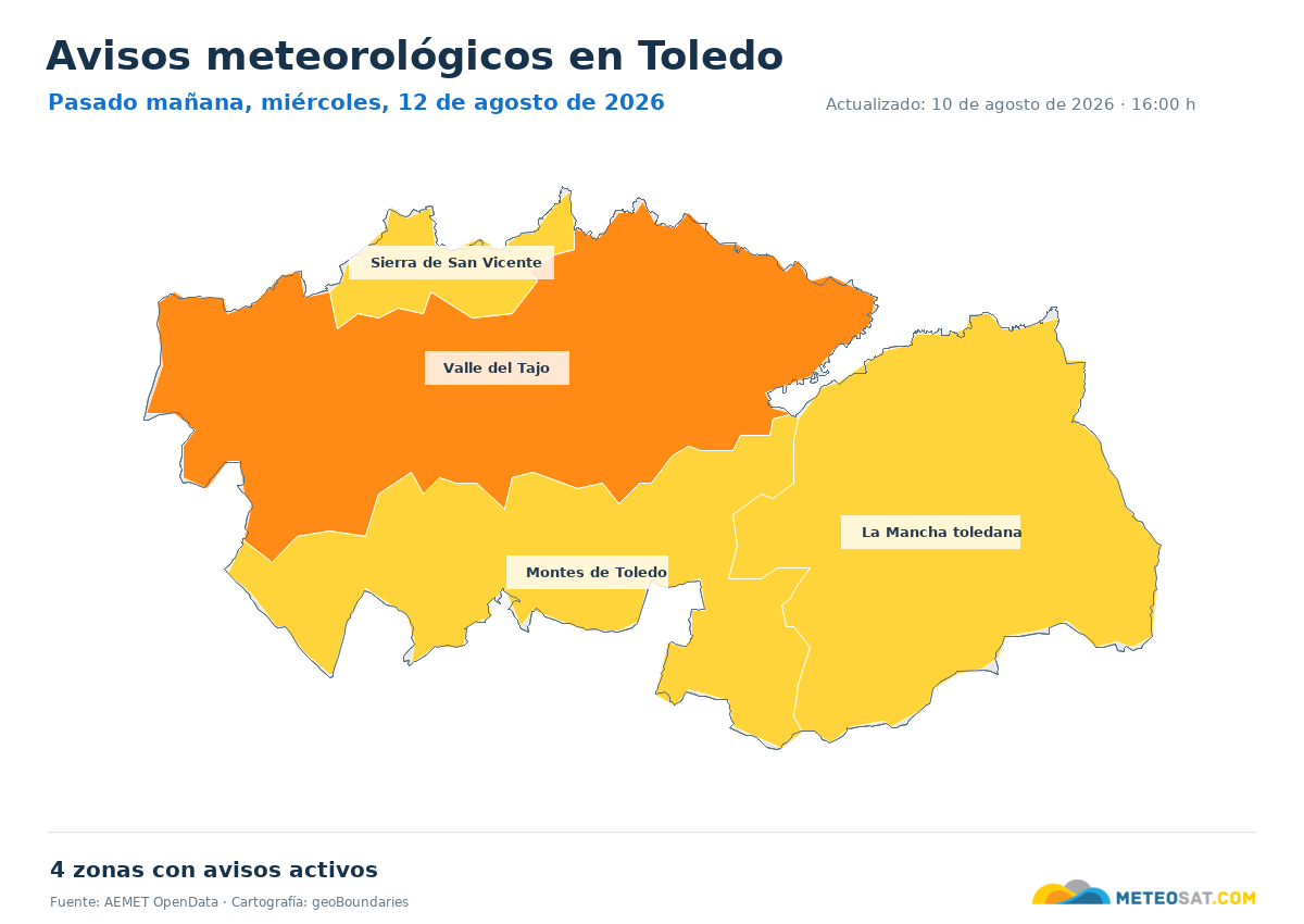 Mapa de avisos meteorol�gicos de AEMET en la provincia de Toledo para pasado ma?ana