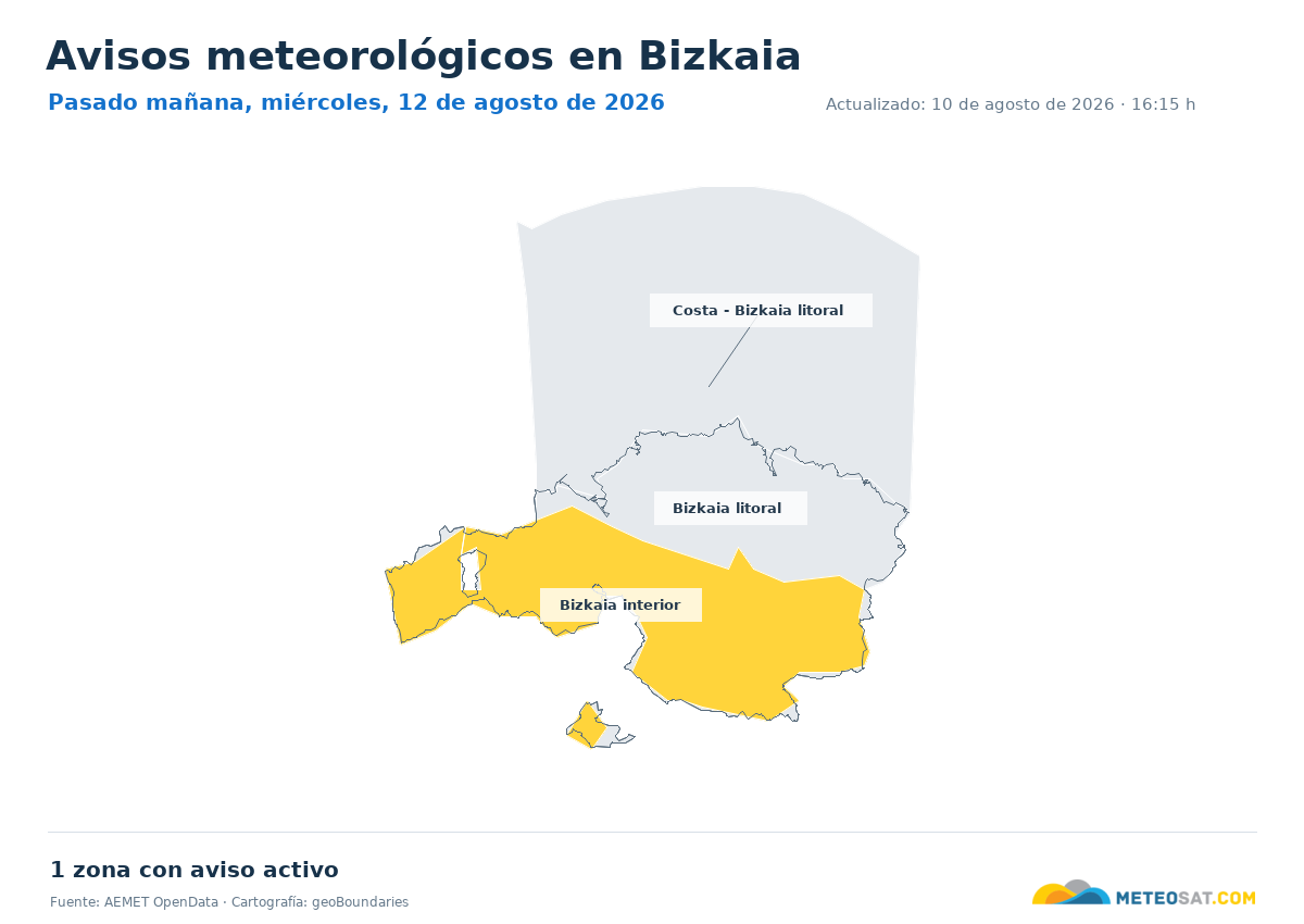 Mapa de avisos meteorol�gicos de AEMET en la provincia de Bizkaia para pasado ma?ana